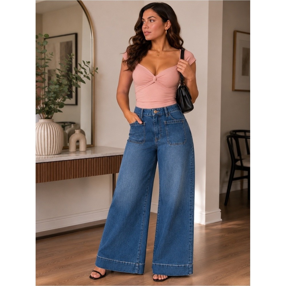 Celebrity Pink Womens Hi-Rise Wide Leg Patch Pocket Jeans 7/28 NEW